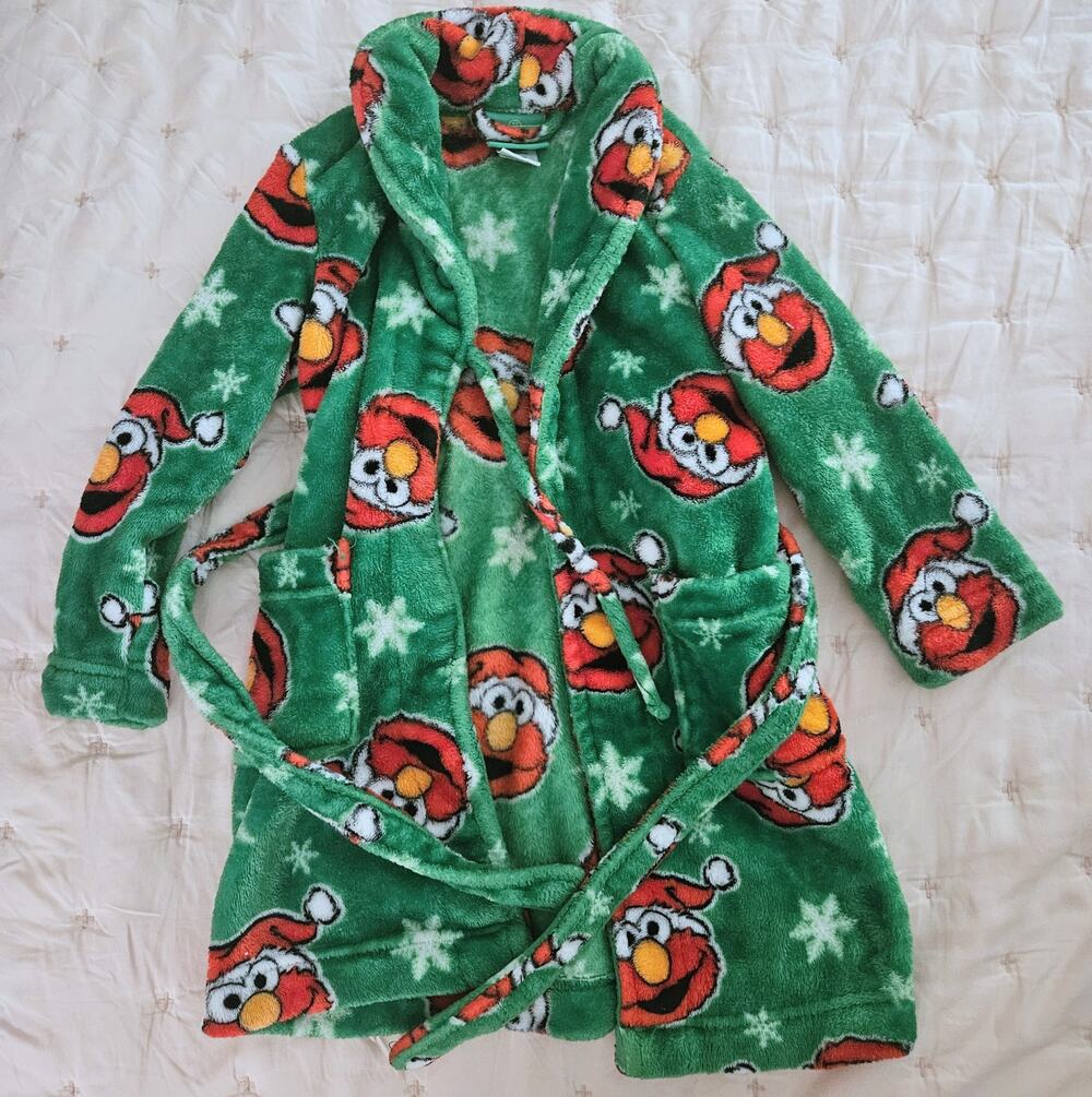 Sesame Street Elmo Christmas Robe Kids 4T Green Plush Fleece Holiday